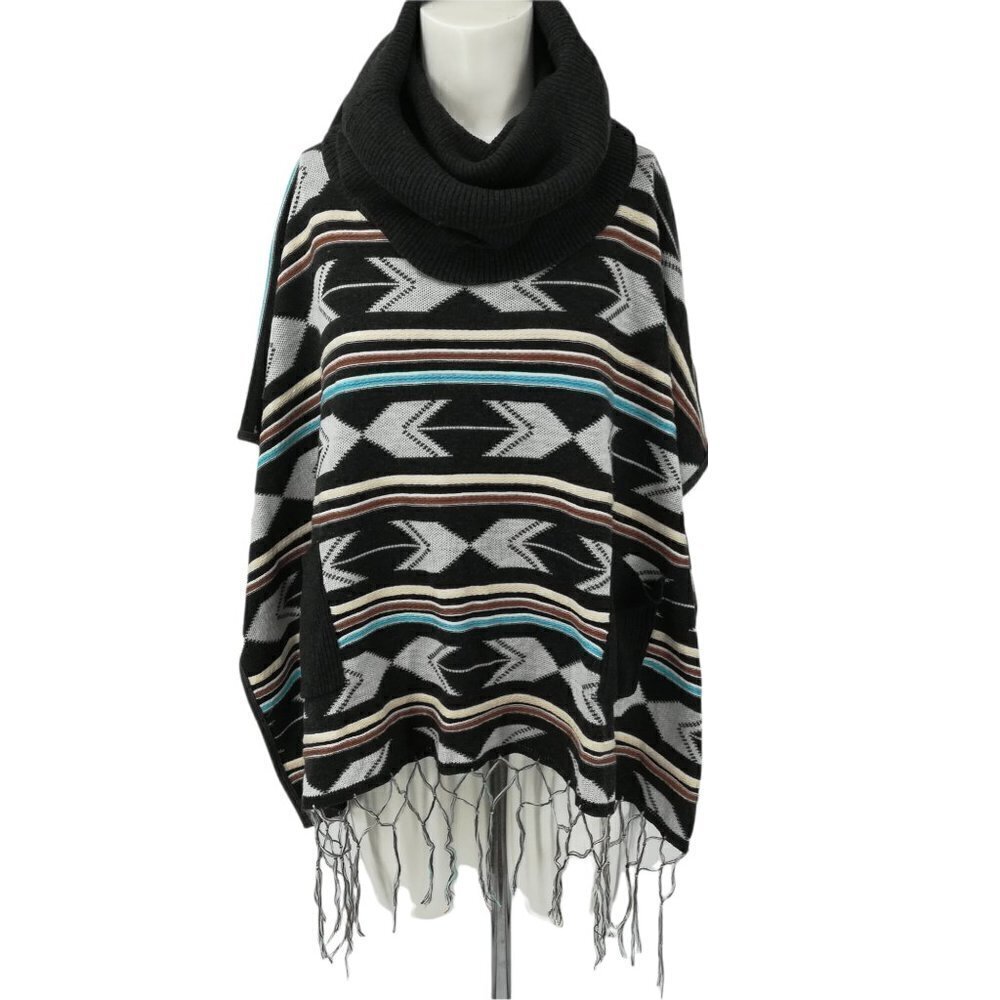 Double Zero Turtleneck Fringe Poncho Size S Boho Southwest Pockets Western
